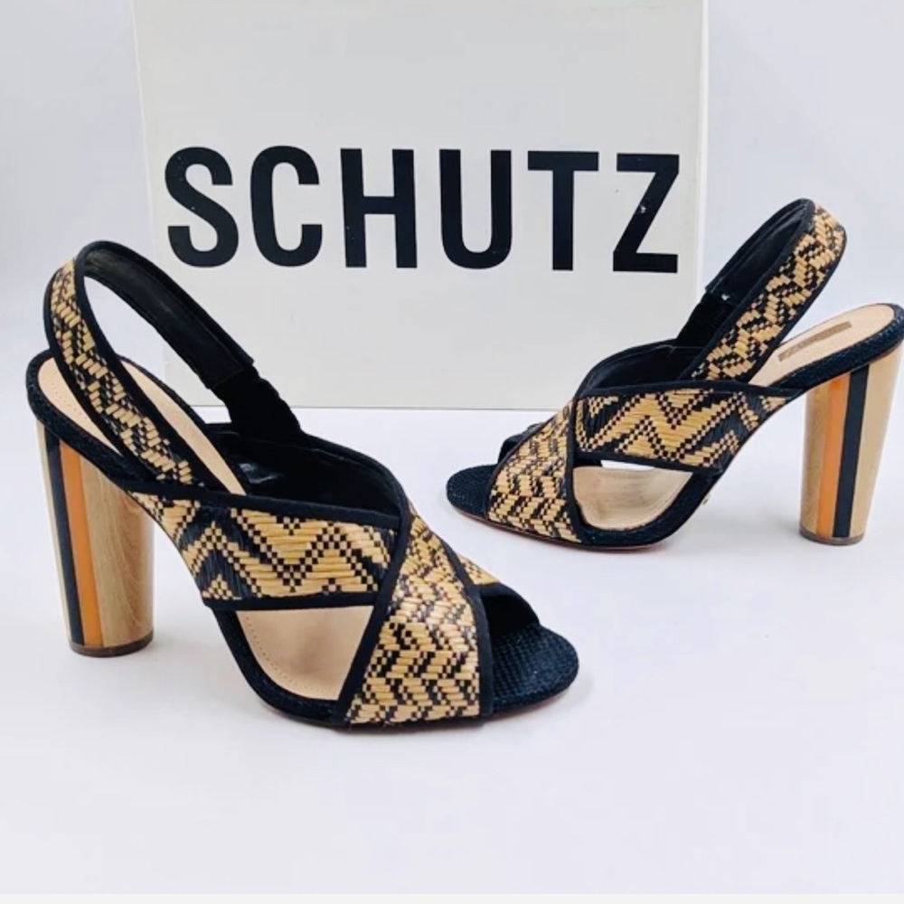 SCHUTZ Dolorcita Black and Tan Woven High Heels Sandals in Trama Indian Natural